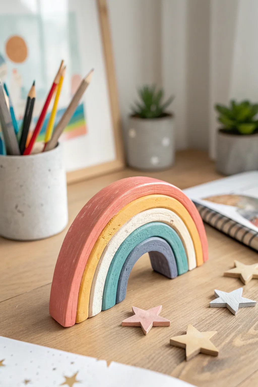 Bright air dry clay rainbow arch for a cheerful kids desk, simple, bold, and handmade