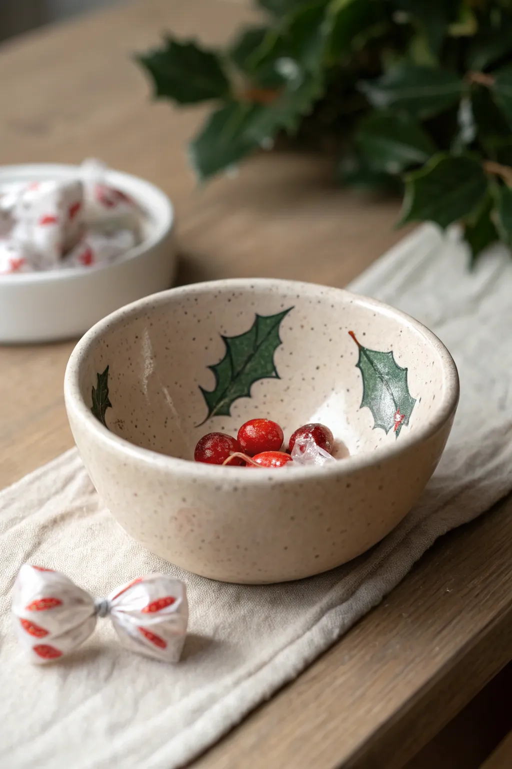 Tiny holly berry pinch bowl, perfect for Christmas candies and a cozy handmade touch.