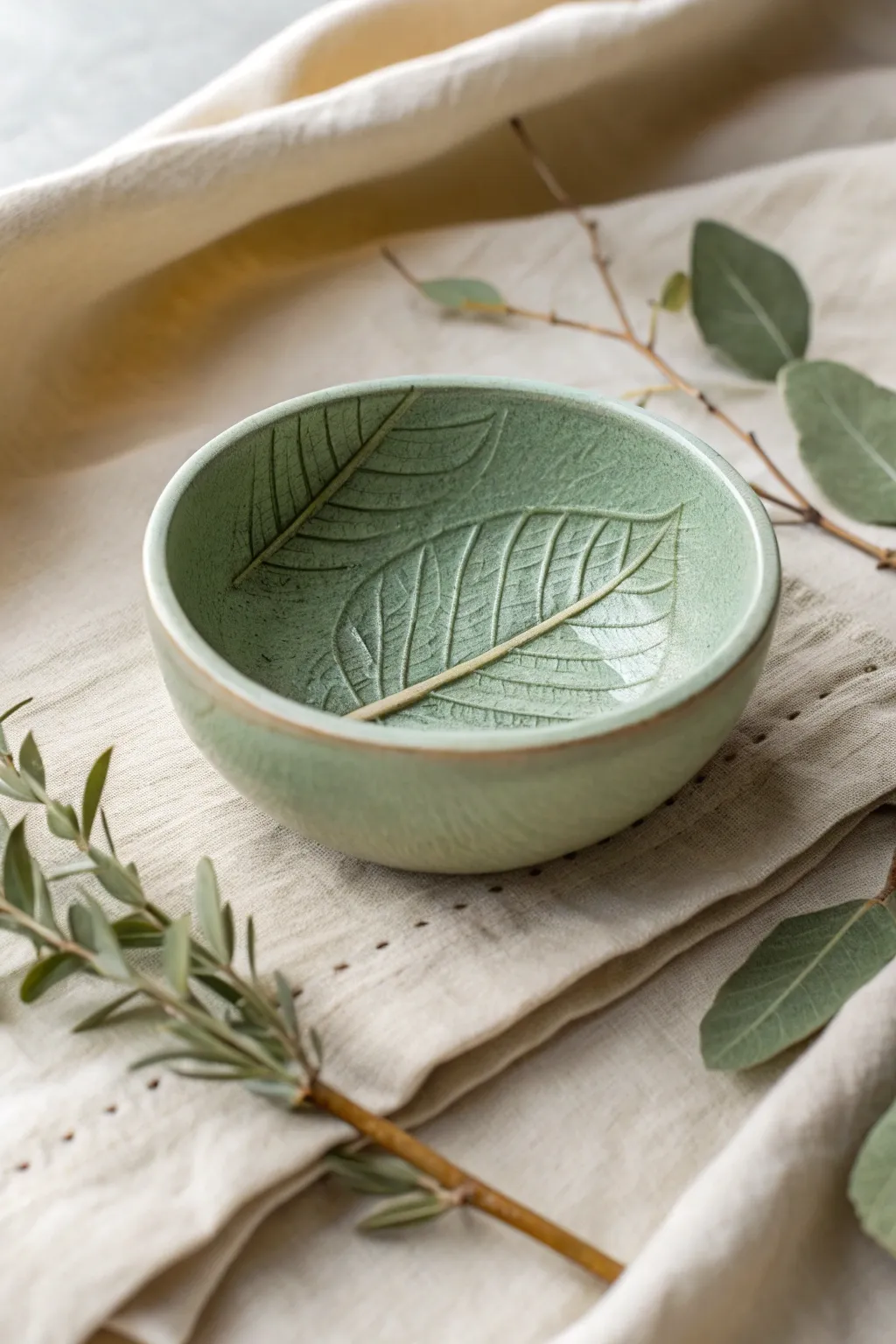 Sage leaf-imprint clay bowl with crisp veins, styled with dried botanicals on linen.