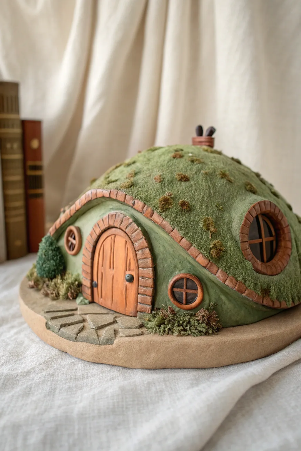 Hobbit Hill fairy house: simple clay grassy mound, round door, tiny step, cozy boho minimal vibe.