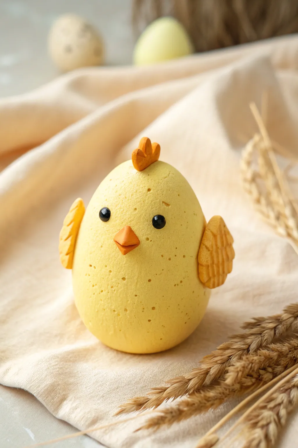 Sunny egg-shaped clay baby chick with tiny wings and beak, simple and irresistibly cute