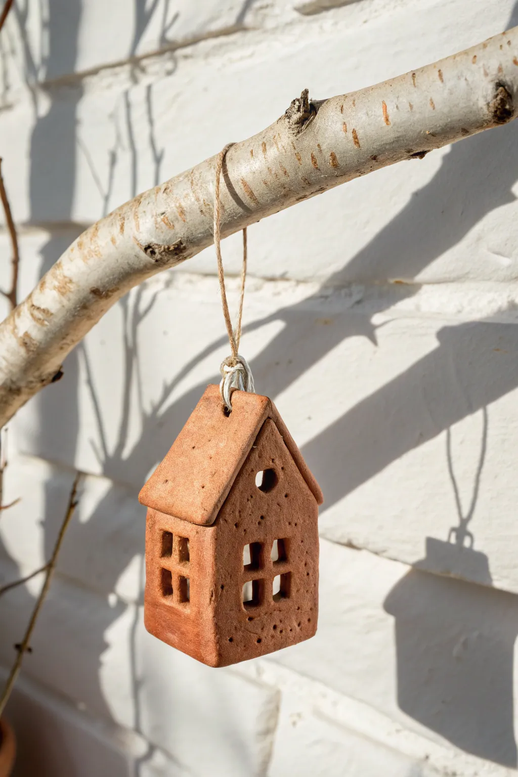 Mini hanging clay house ornament in matte terracotta, simple and cozy Scandinavian-boho decor