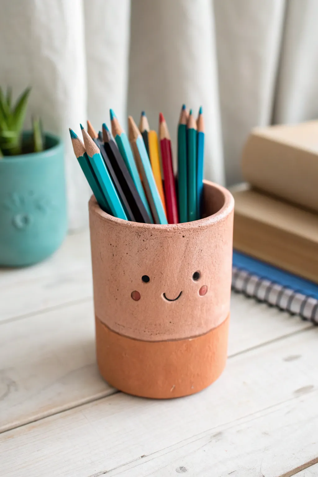 Desk-friendly kid-made clay pencil cup with a sweet smile and bold pencils in clean light