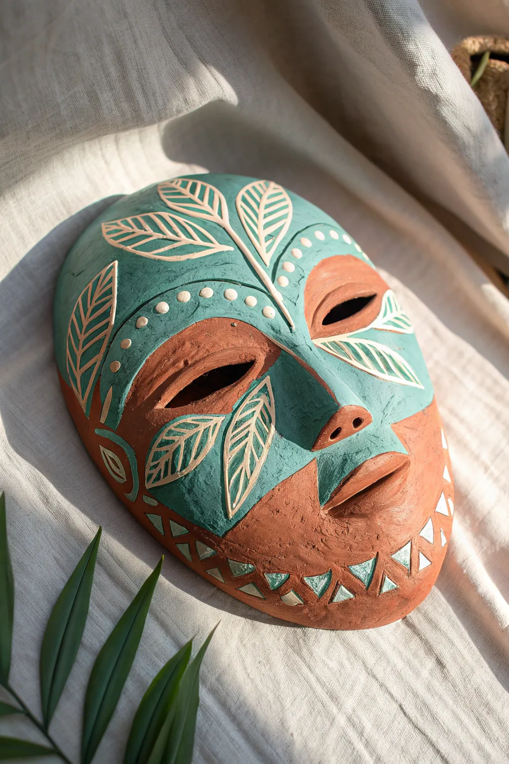 Simple sgraffito clay mask with bold slip color and clean scratch-line leaf patterns