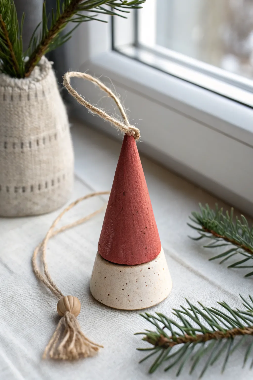 Simple mini gnome hat clay ornament in muted holiday tones, hung with twine for cozy charm.