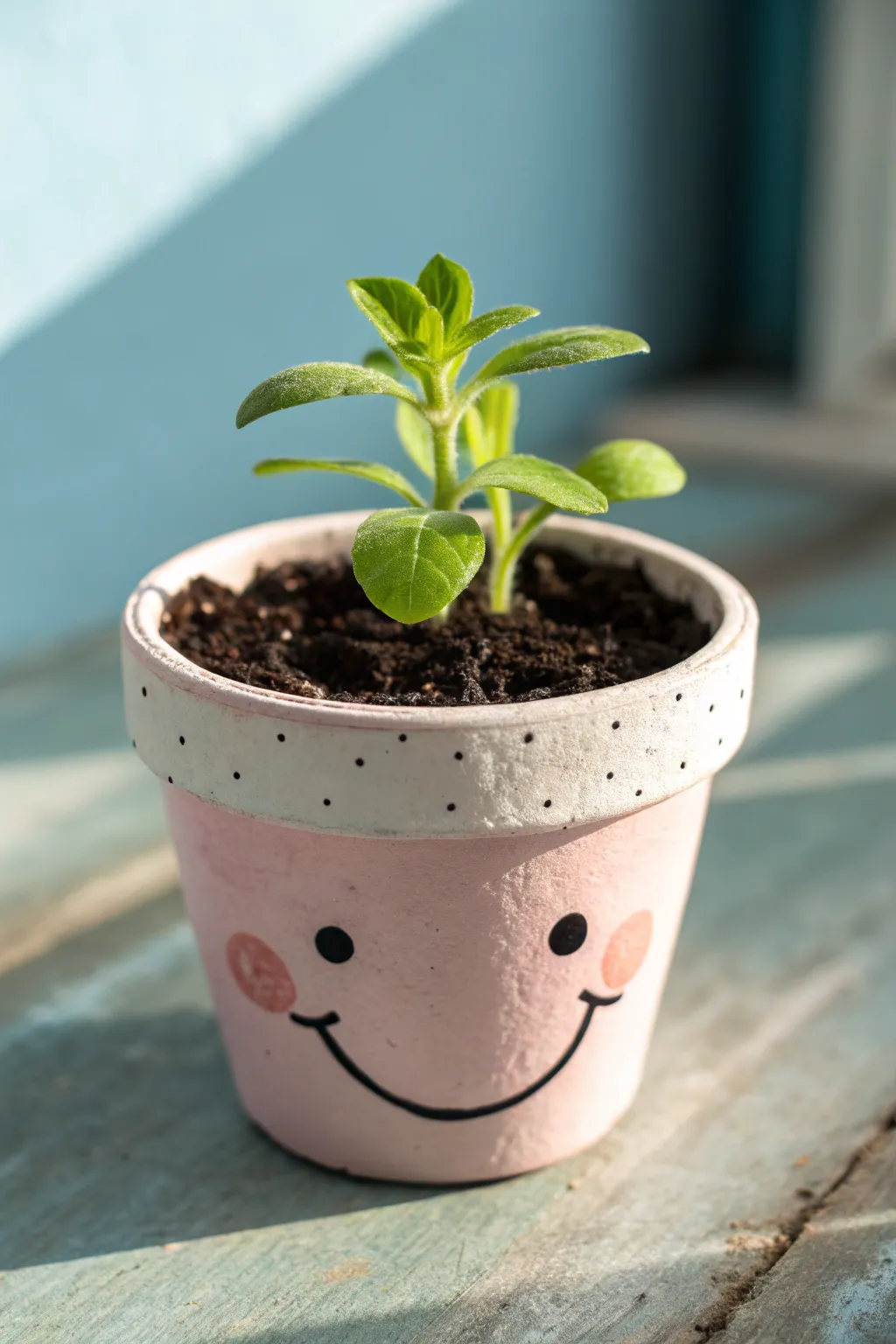 Quick smiley pot with rosy cheeks and a bright green plant, minimal and cheerful decor.