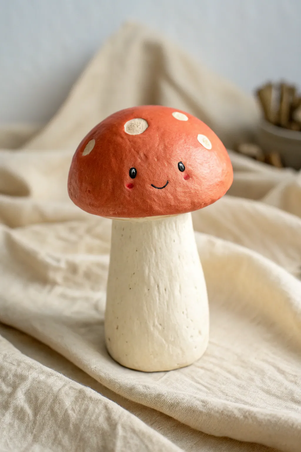 Tiny clay mushroom pal with a sweet face, minimalist styling and bold color contrast.