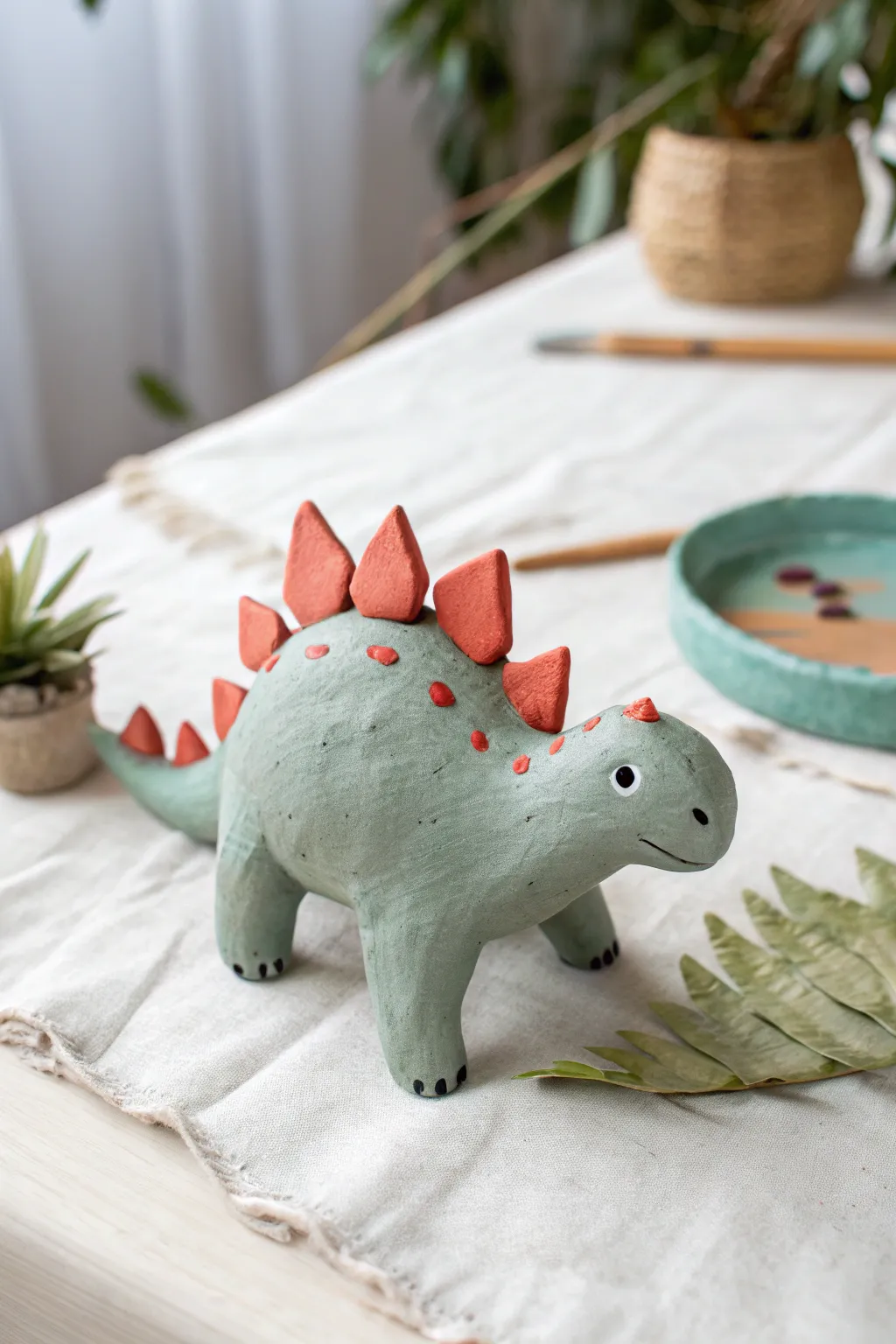 Beginner-friendly tiny clay dinosaur with bold plate spikes, minimalist style and cozy handmade charm.