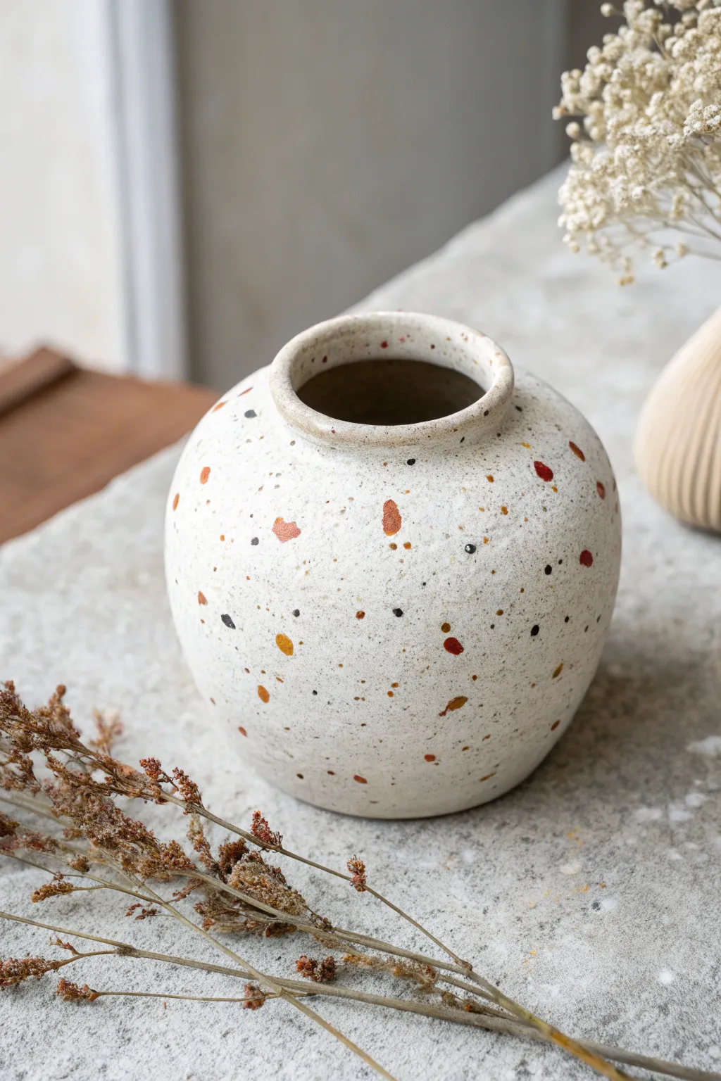 Easy terrazzo-speckled clay vase with a matte finish for a trendy, minimalist look