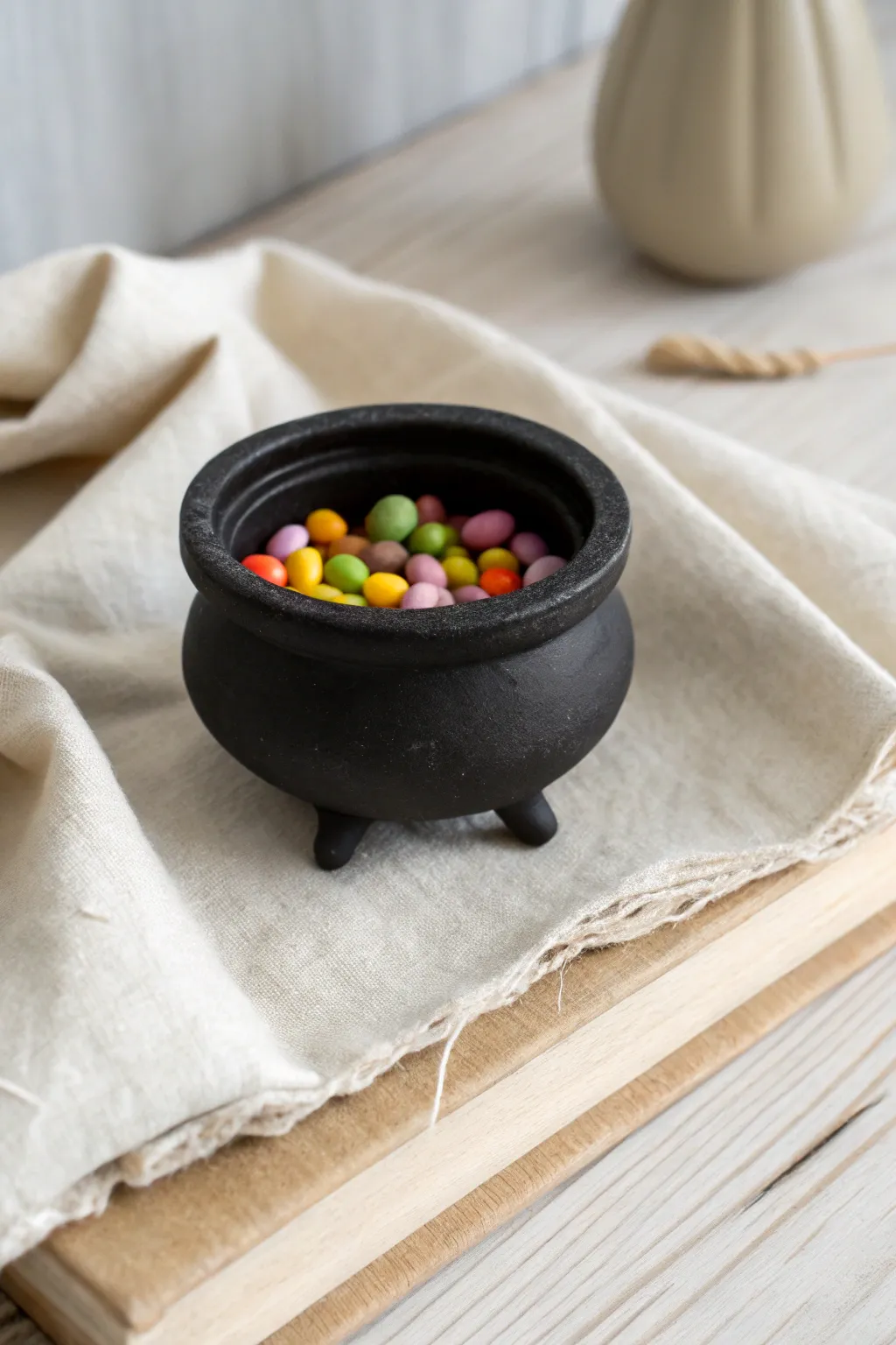 Mini black clay cauldron dish with candy beads, a simple Halloween trinket catch-all.