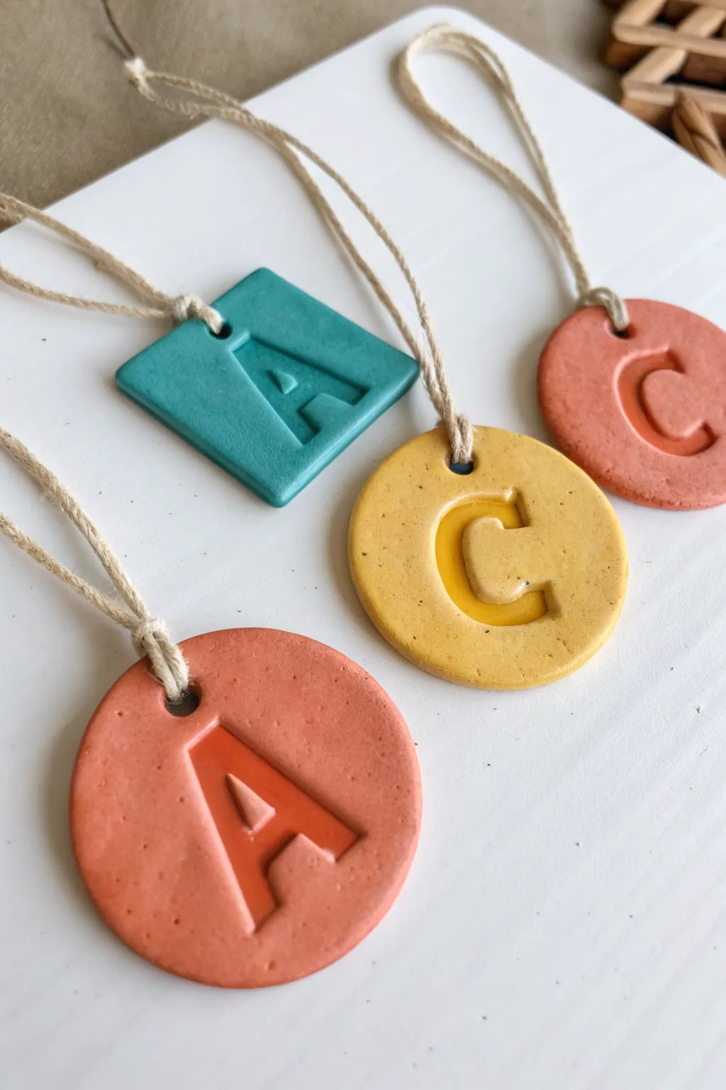 Chunky clay letter tags with hanging holes, bright and kid-friendly for easy name labels.
