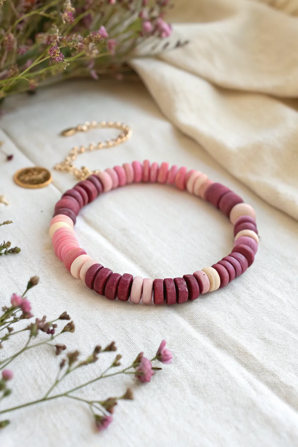 Single-hue ombre clay disc bead bracelet from blush to berry, simple and striking.