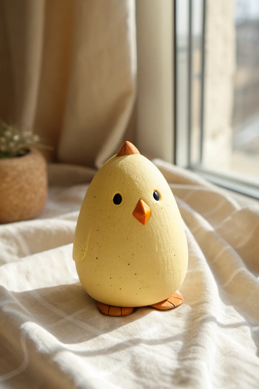 Egg-shaped clay chick in sunny yellow with tiny beak and feet, a minimal boho desk charm.