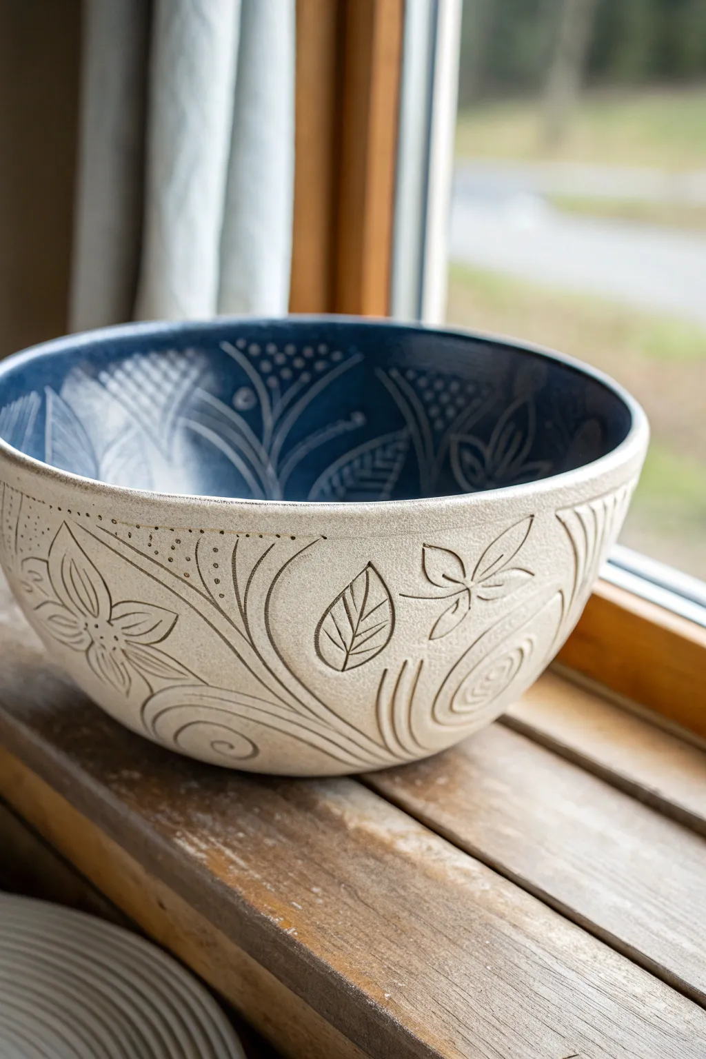 Bold indigo sgraffito slab bowl with simple carved line art and crisp, handmade contrast