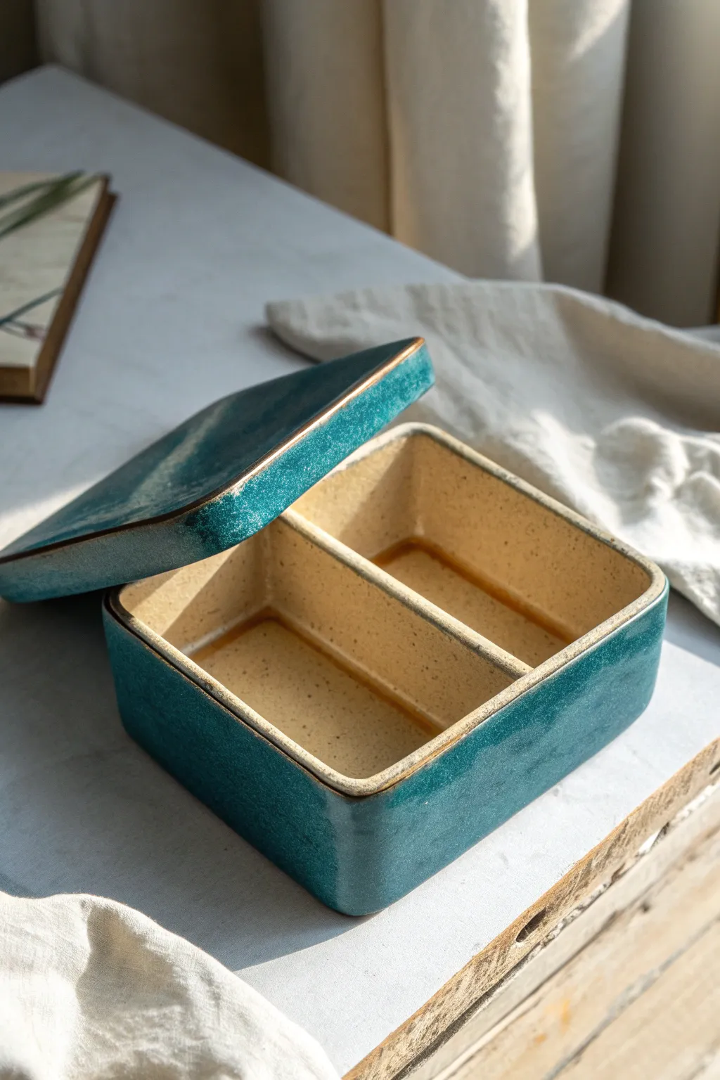 Minimal slab box with a clean divider inside, creating two tidy compartments in bold modern color.