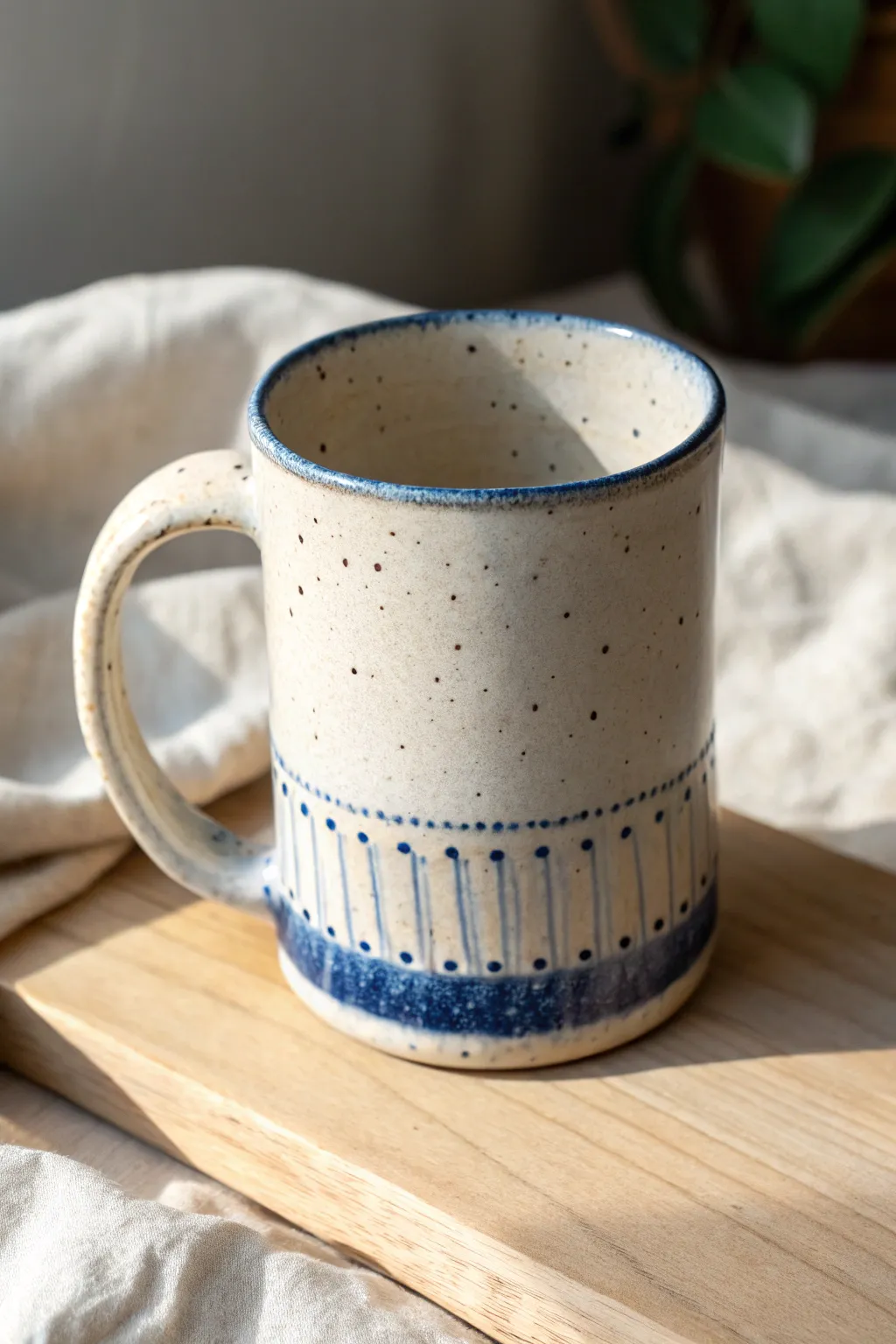 Stitched-seam slab mug with crisp side light and a bold cobalt accent for modern boho charm