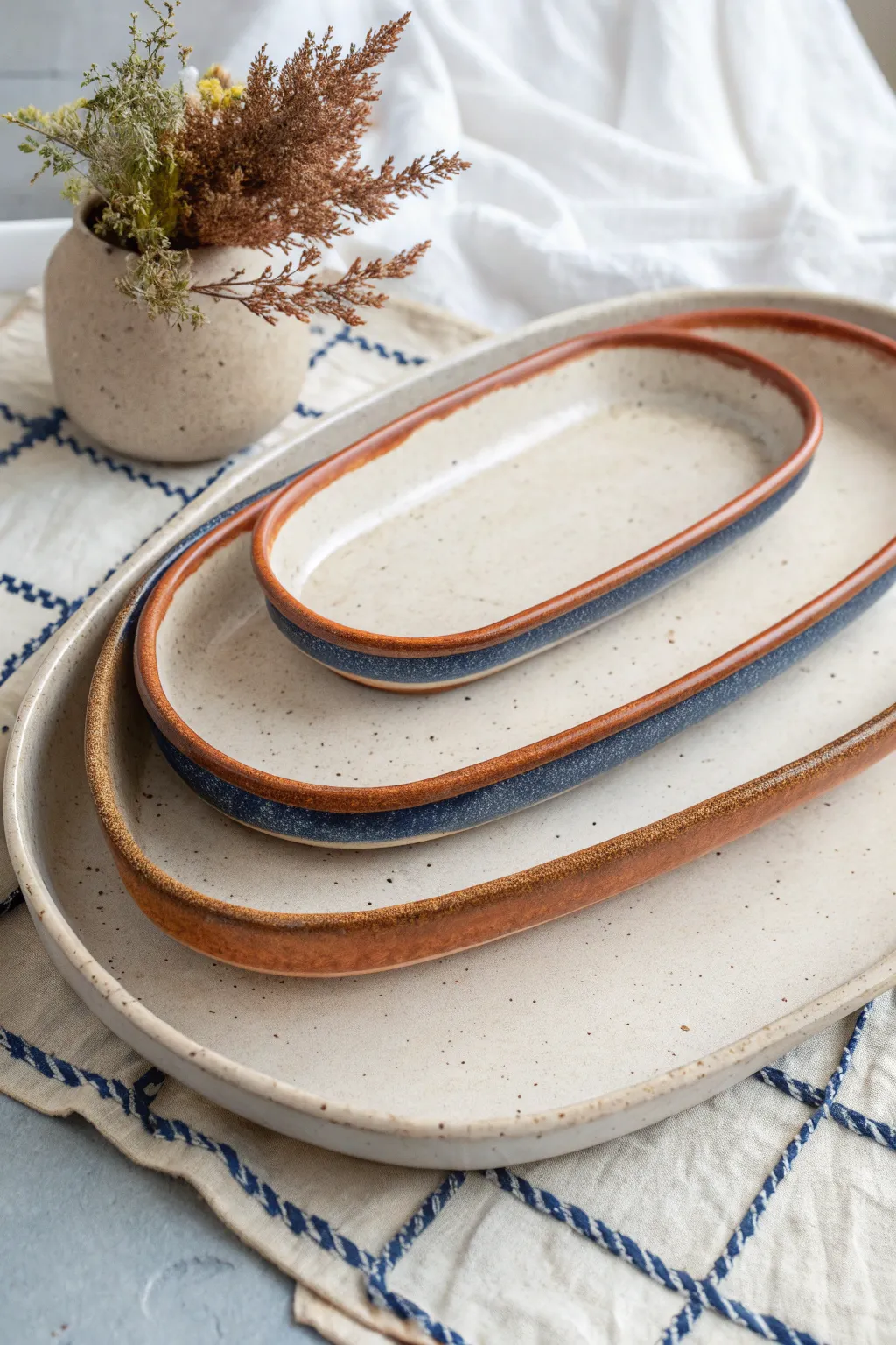 A sleek nested slab tray trio with bold color contrast and handmade minimalist charm
