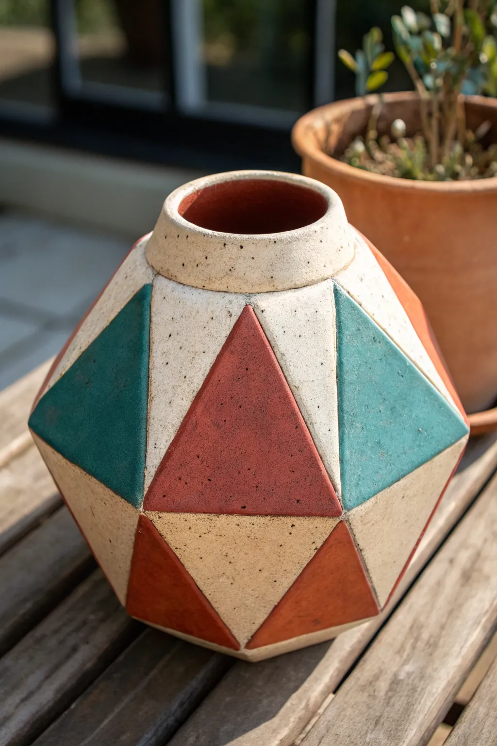 Bold color-blocked slab vessel with clean planes, minimalist lines, and handcrafted warmth.