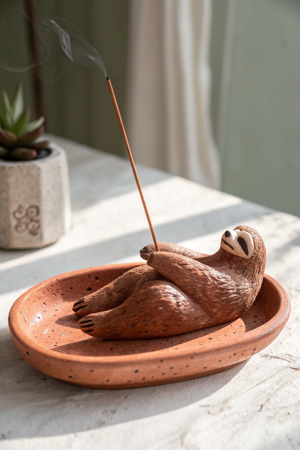 Minimalist clay sloth incense holder in a cozy lounge pose, matte earthy browns, bold contrast.