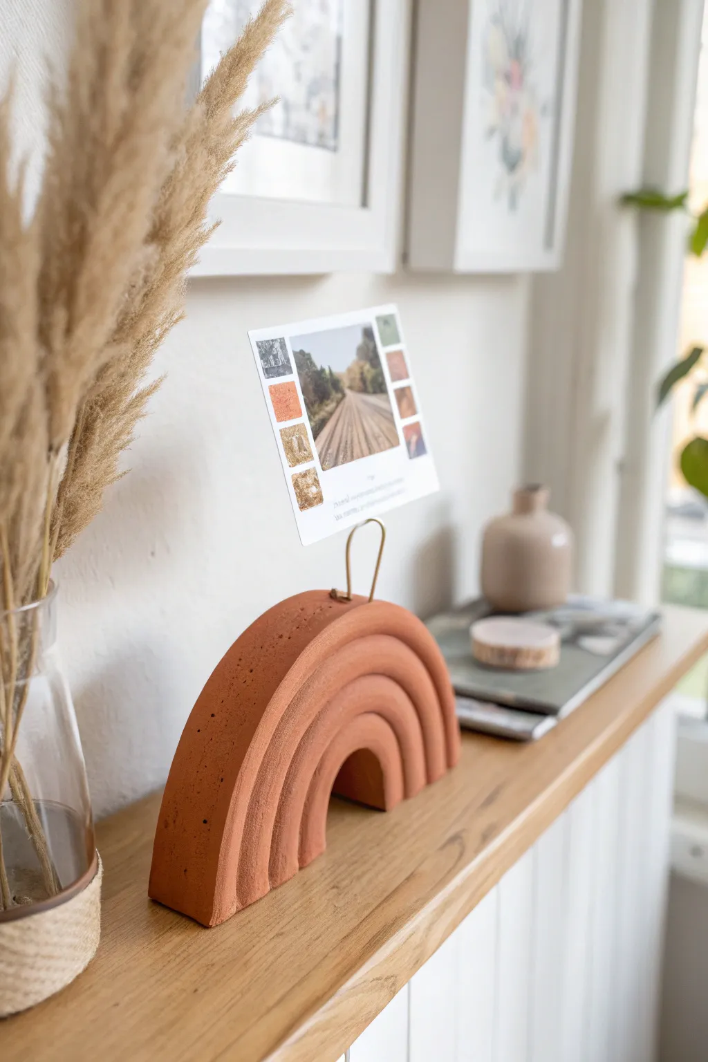 Simple air dry clay photo holder with a mini print, styled for a Scandinavian boho shelf.