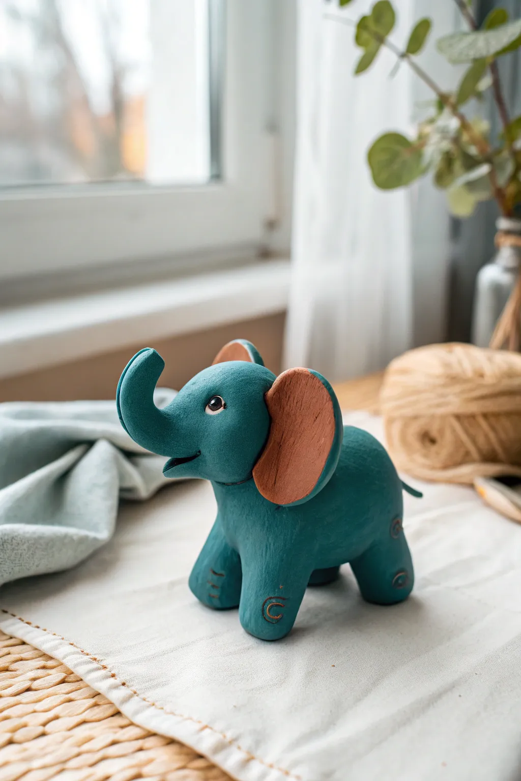 Minimalist baby clay elephant with a curled trunk, bold color, and cozy handcrafted charm