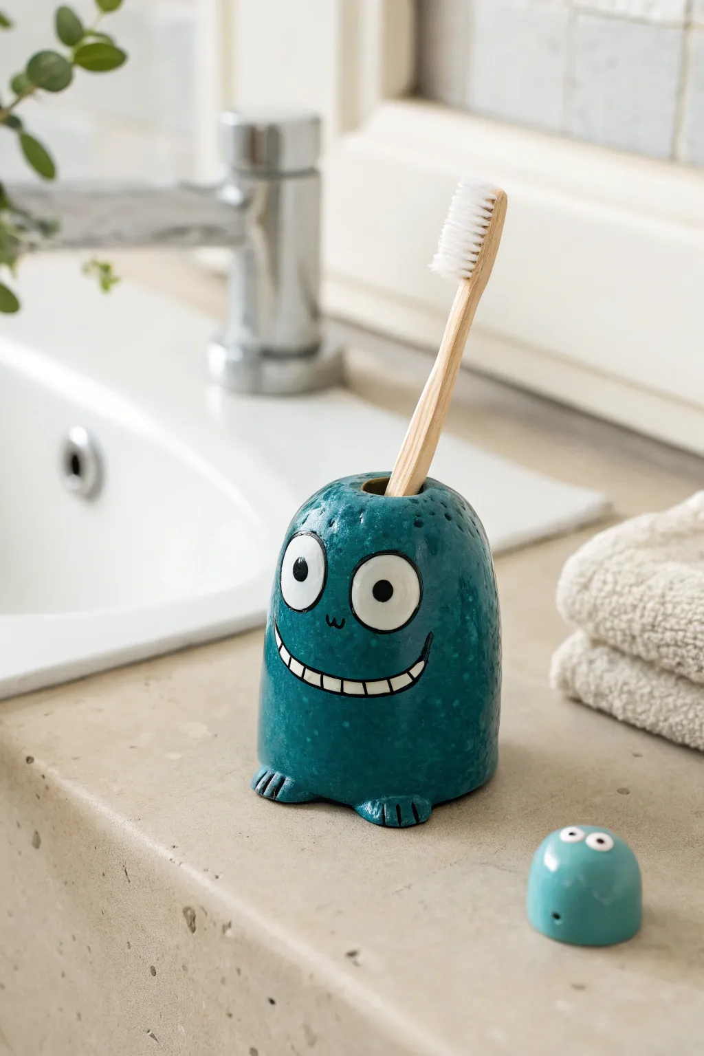 Tiny monster toothbrush holder in bold glaze, minimalist bath styling with cozy boho charm.