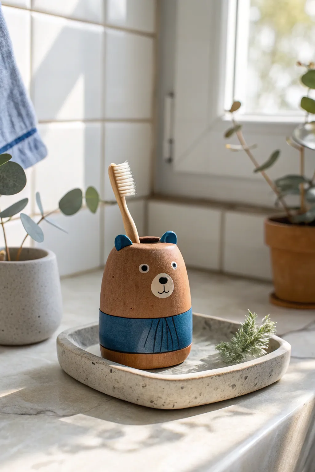 Sweet bear-shaped clay holder adds minimalist charm and keeps toothbrushes neatly separated.