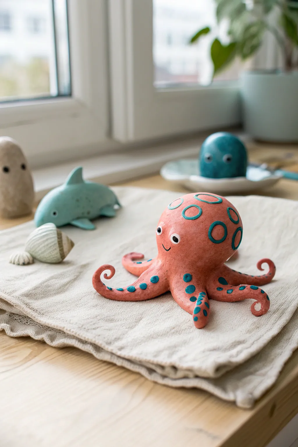 Simple mini sea creatures in bold glaze: an octopus centerpiece with whale and turtle softly behind