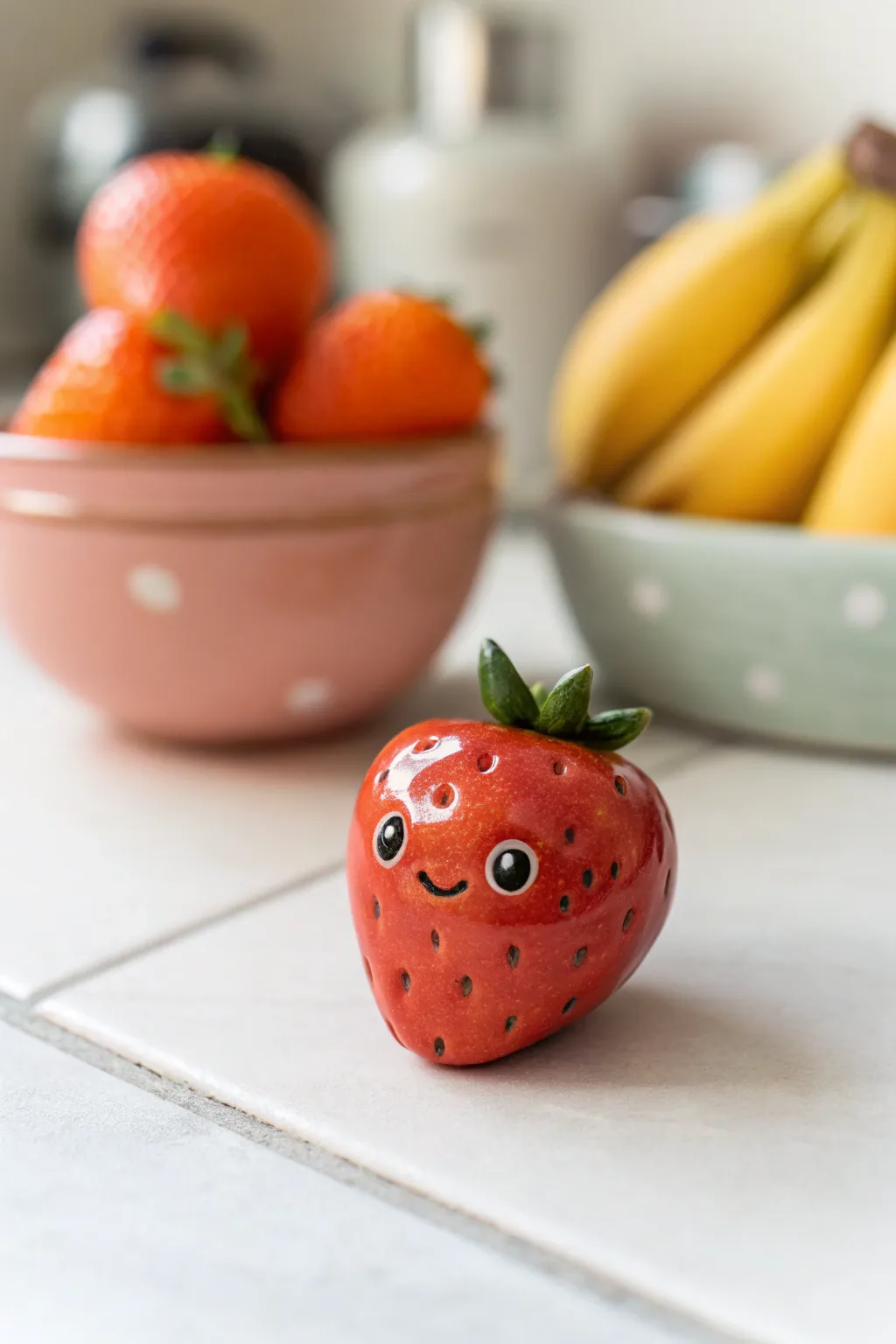 Sweet fruit friend figurines in bold clay colors, minimalist boho styling with cozy handmade charm.
