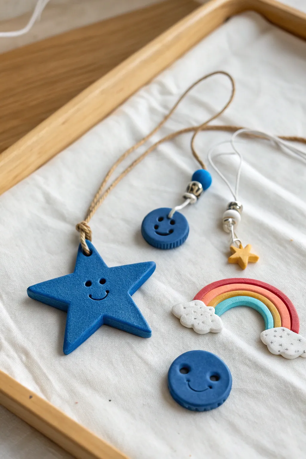 Mini clay charms for backpacks and zippers: star, smiley, and rainbow in bold, happy colors.