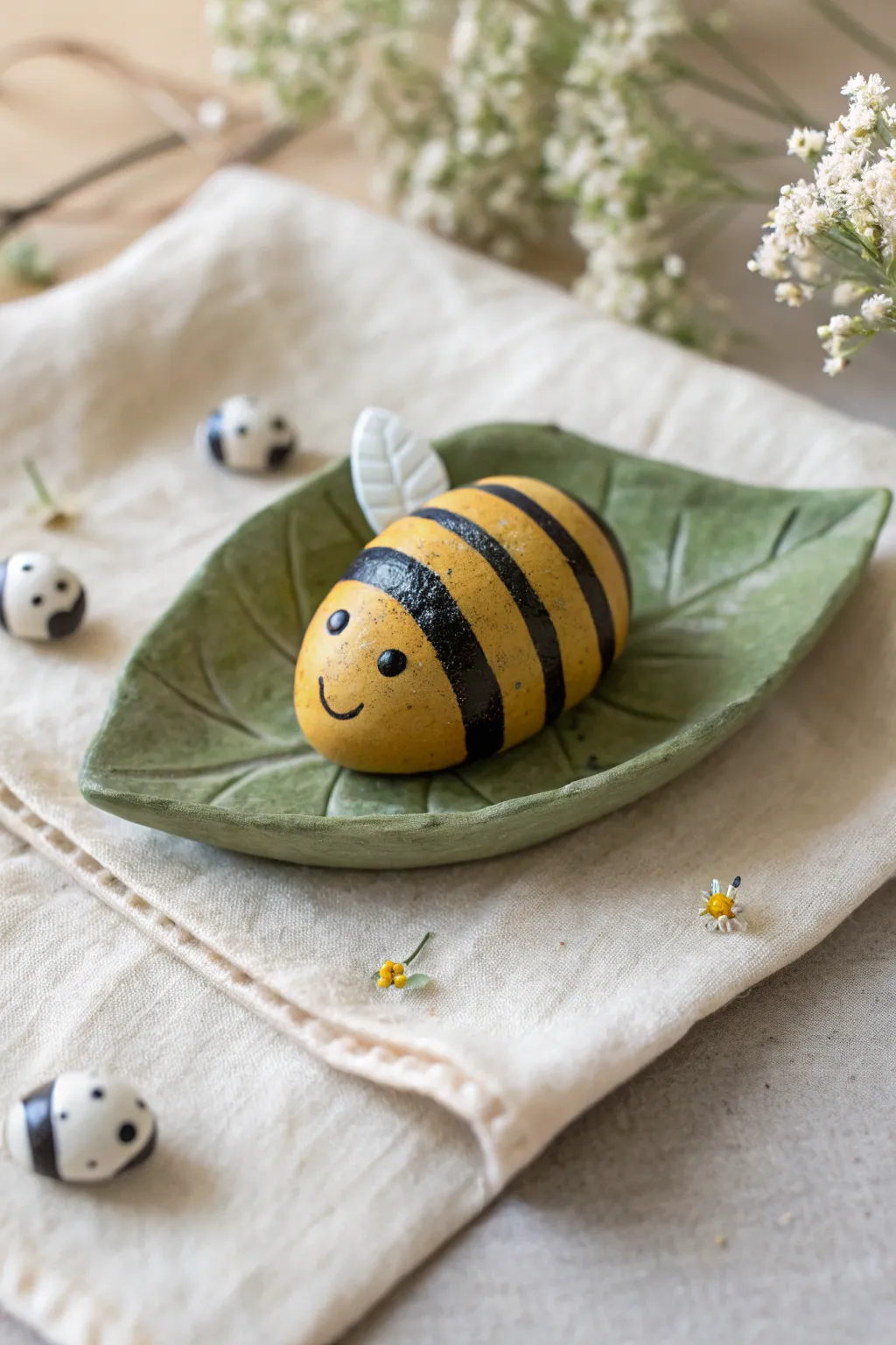Mini clay bee on a leaf base with bold stripes, minimalist boho aesthetic, easy sculpture idea