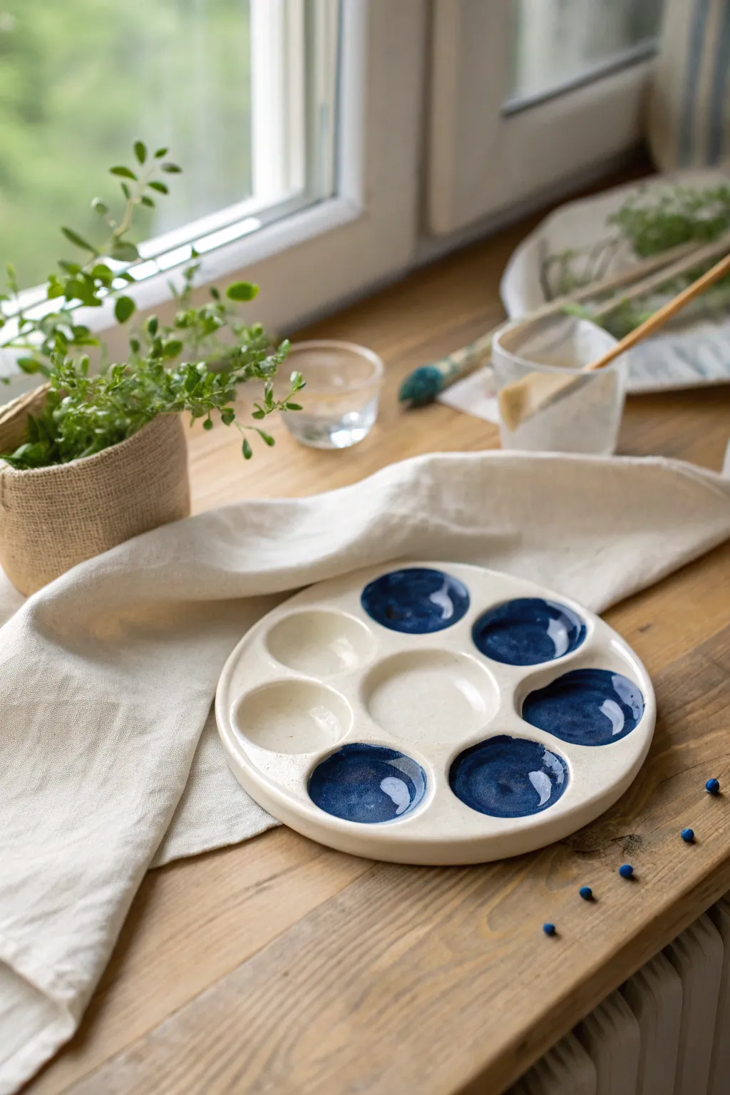 Pocket paint palette with tiny wells, minimalist design and bold cobalt glaze contrast