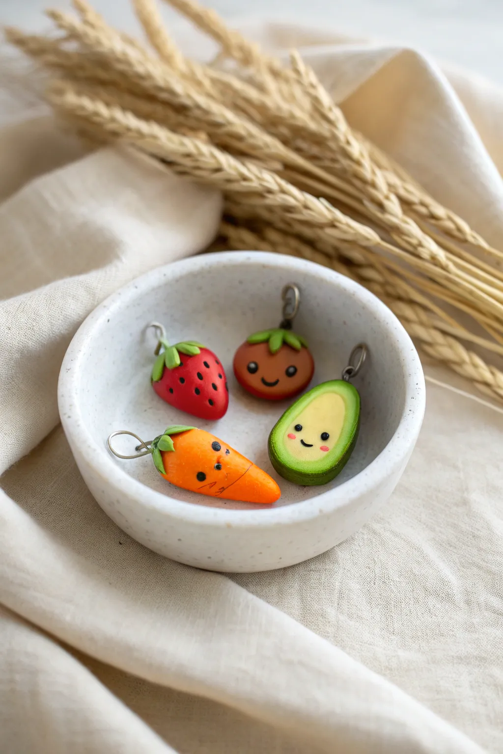 Tiny smiley food charms in bold color, nestled in a minimalist dish for easy clay fun.
