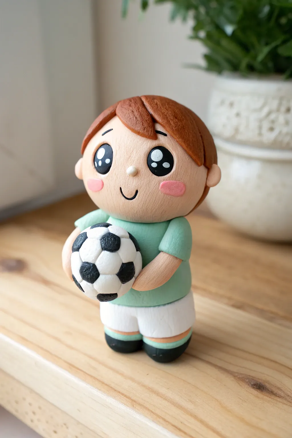 Adorable chibi clay soccer player hugging a ball, a fun beginner-friendly pottery idea
