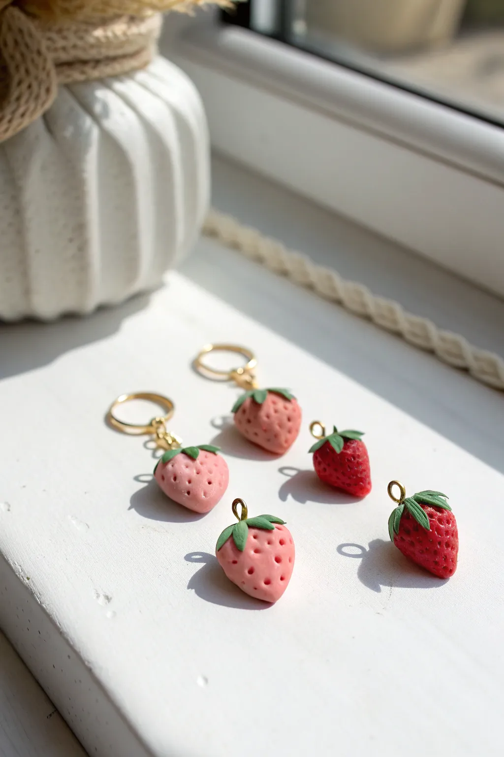 Rosy soft clay strawberry charms in a neat row, bold color on a clean minimalist backdrop