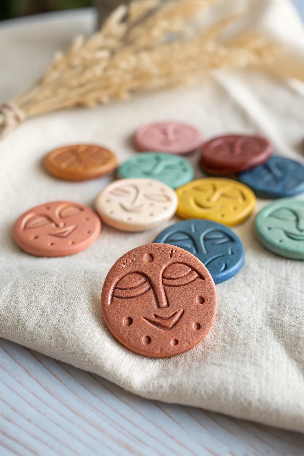 Bright clay smile tokens for kids games, minimalist boho style with bold, readable faces.