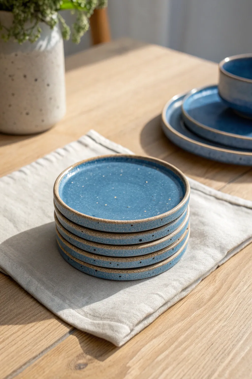 Soft-edged slab coasters with linen-pressed texture, stacked for a clean boho-minimal look.