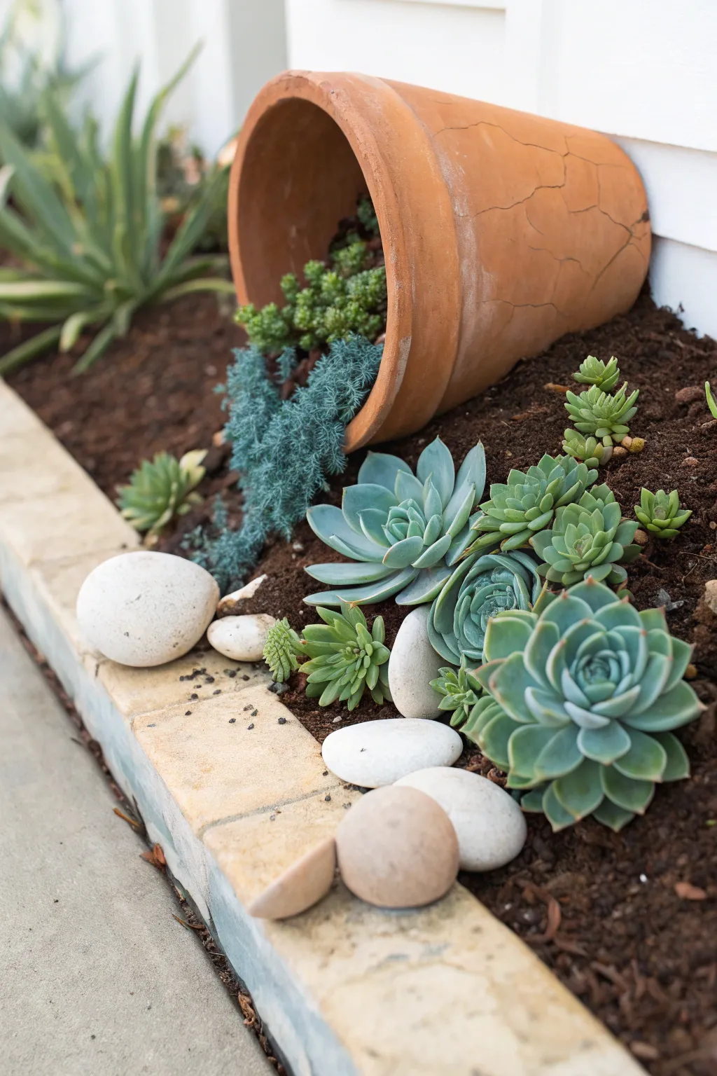 Cracked terracotta pot pours a cool green succulent river for an easy spilled-garden look.