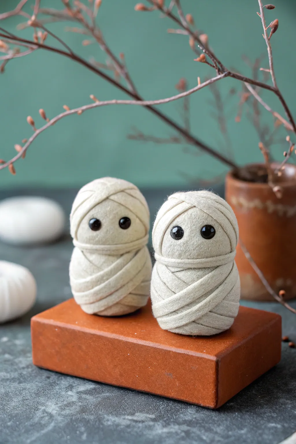Spooky-cute mummy wrap mini figurines in clay with crisp contrast and minimalist Boho styling.