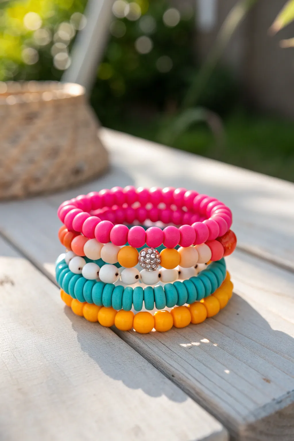 Preppy bright spring stack in clay beads: hot pink, turquoise, orange, yellow with crisp white.