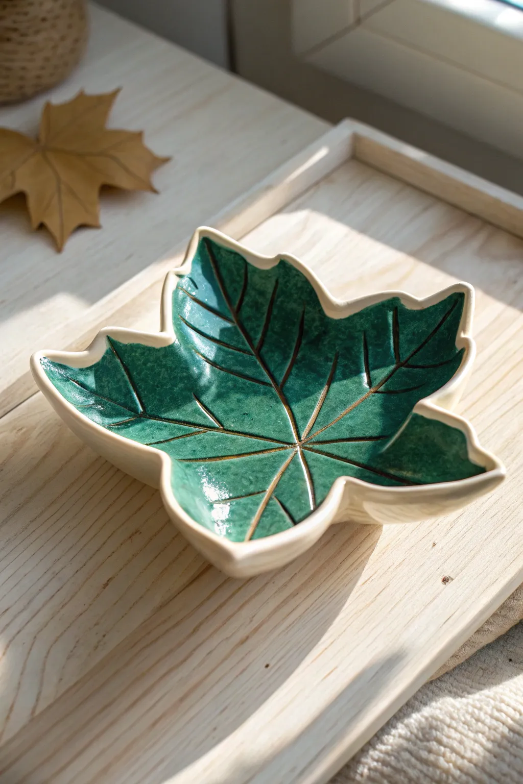 Minimal five-point leaf trinket dish in bold two-tone glaze, perfect stoner chic decor.