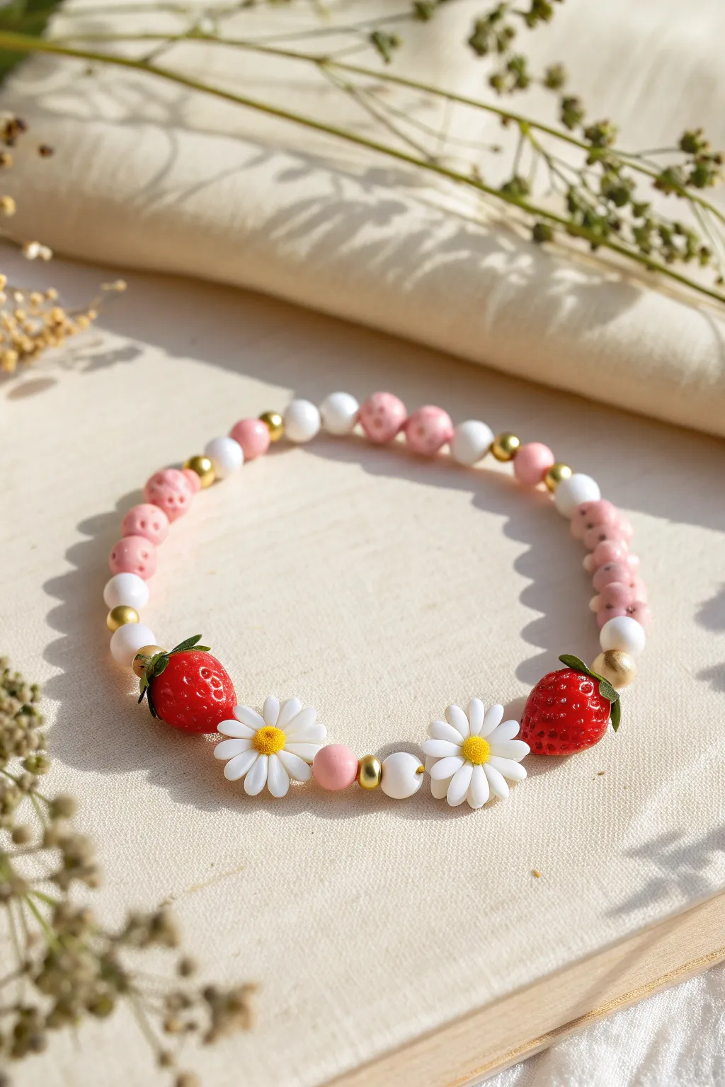 Sweet daisy-and-strawberry clay bead bracelet with bold red pops on a soft minimalist background