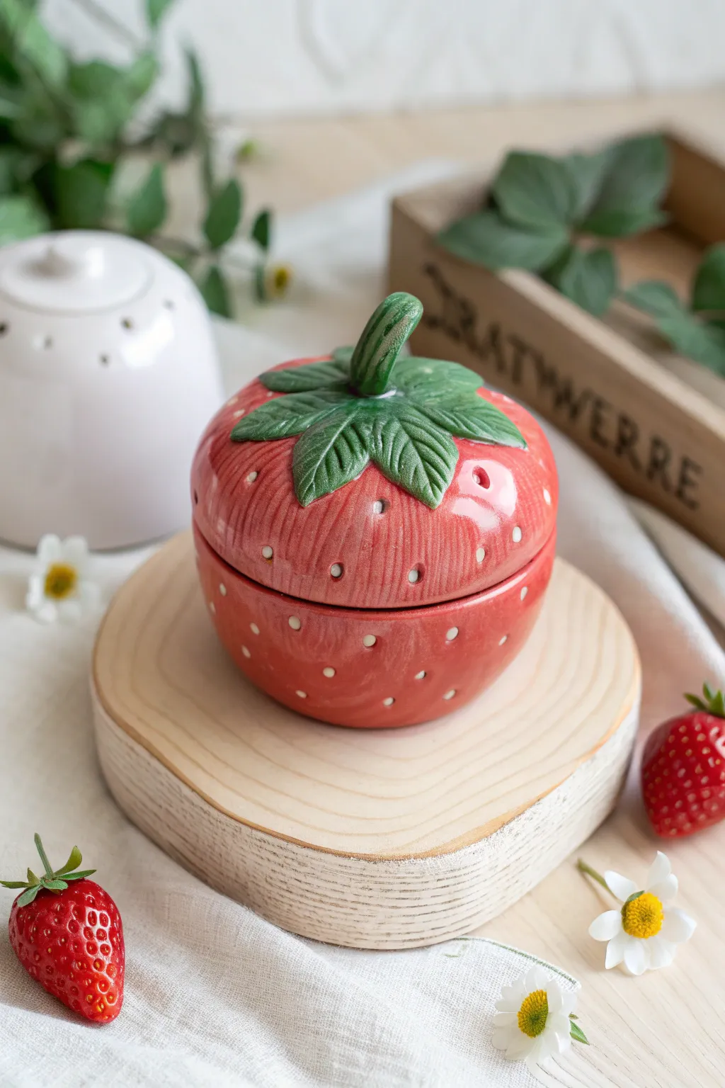 Sweet strawberry trinket box, slightly open to reveal a secret hollow space for tiny treasures.
