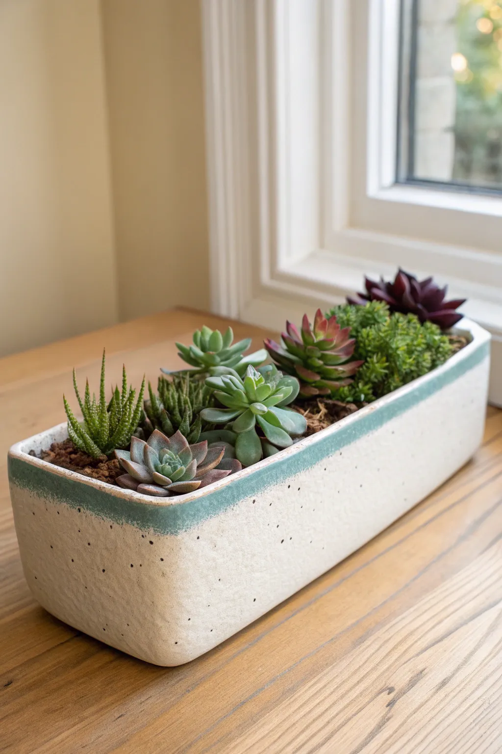 Minimal ceramic trough with a crisp row of mixed succulents, modern Scandinavian with boho warmth.