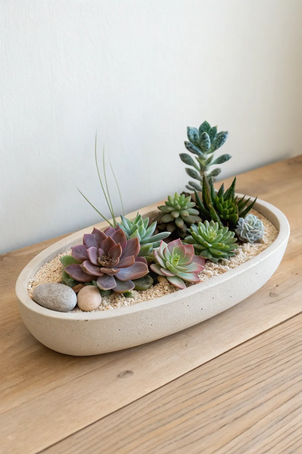 Minimal ceramic tray with succulents fading from green to blue to purple, topped with neutral gravel
