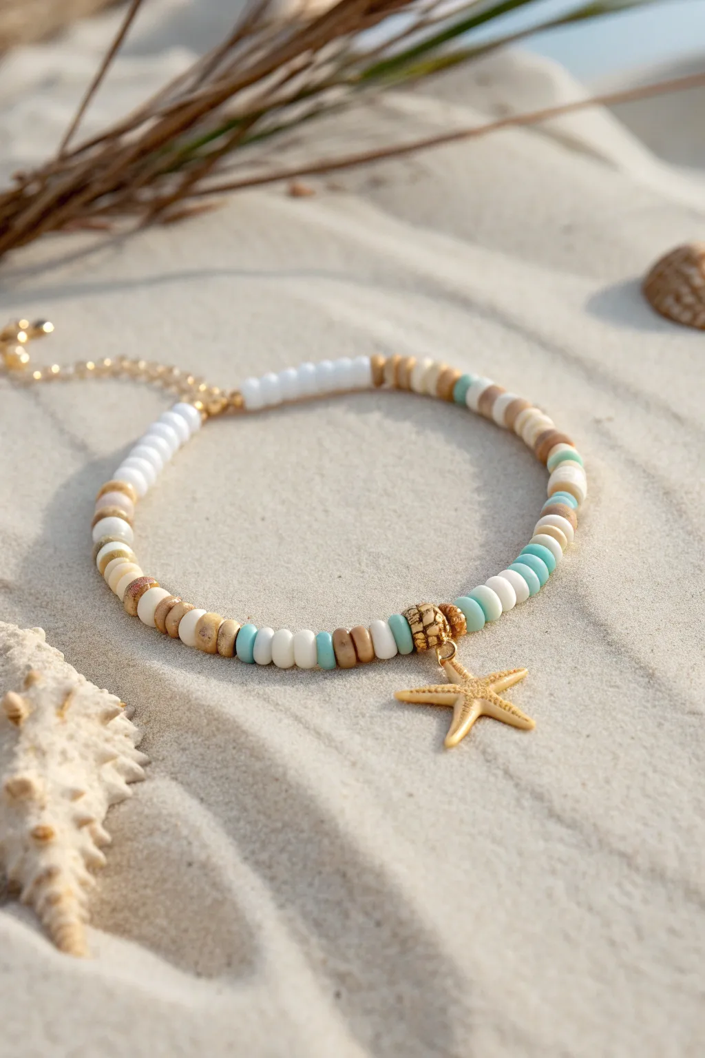 Minimal heishi bead bracelet with starfish charm, soft sand tones for dreamy summer beach vibes.