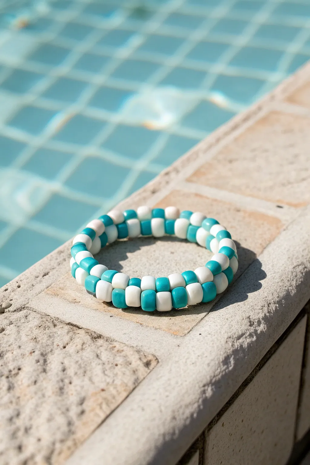 Crisp aqua and white checkerboard clay bead bracelet for an effortless pool day summer look.