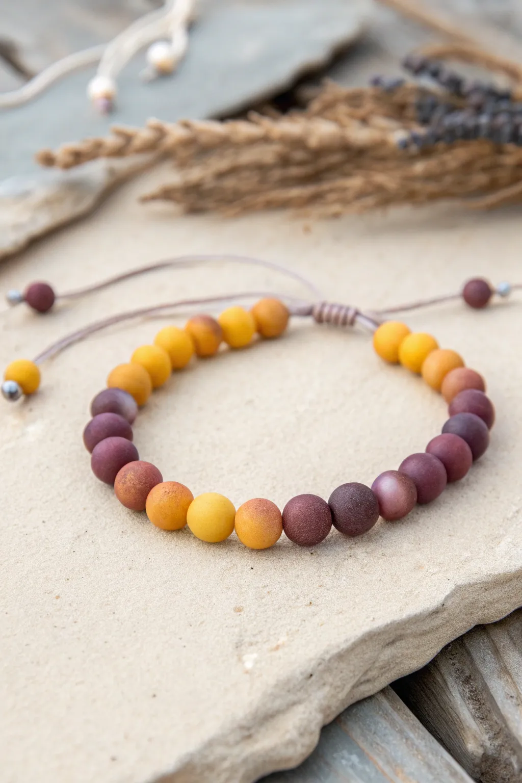 Mirrored sunset clay bead bracelet: yellow to violet to yellow, minimalist, bold, and handmade