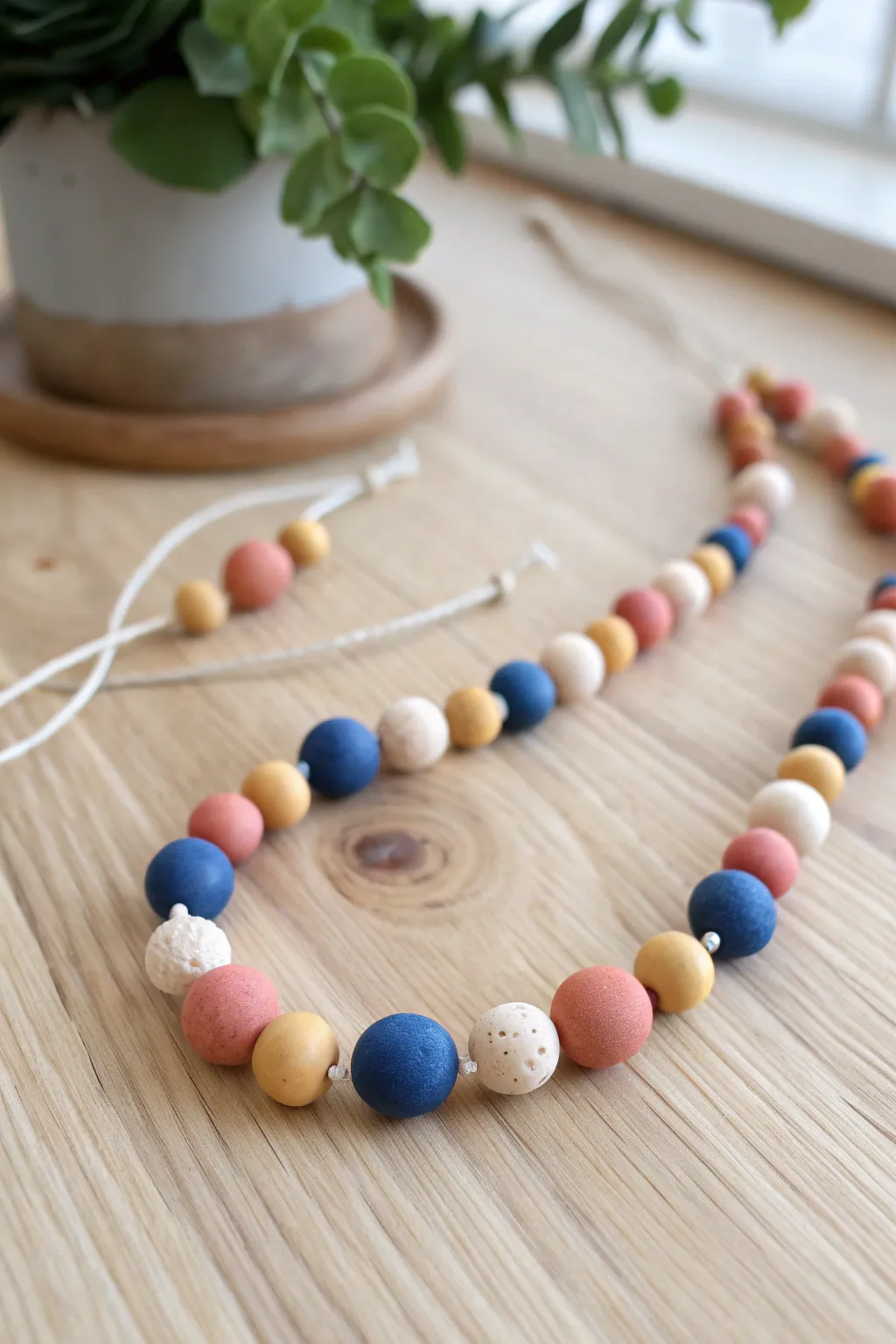Super light clay bead garland in bold, minimal colors, perfect for simple boho decor.