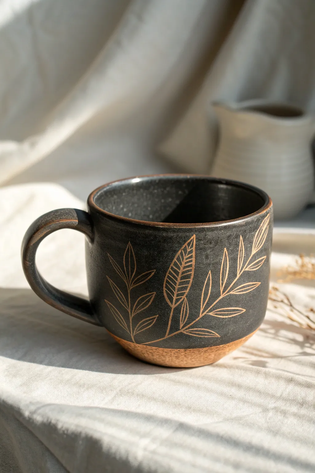 Charcoal slip sgraffito tea cup with carved leaf motif, bold contrast and calm Nordic boho mood.